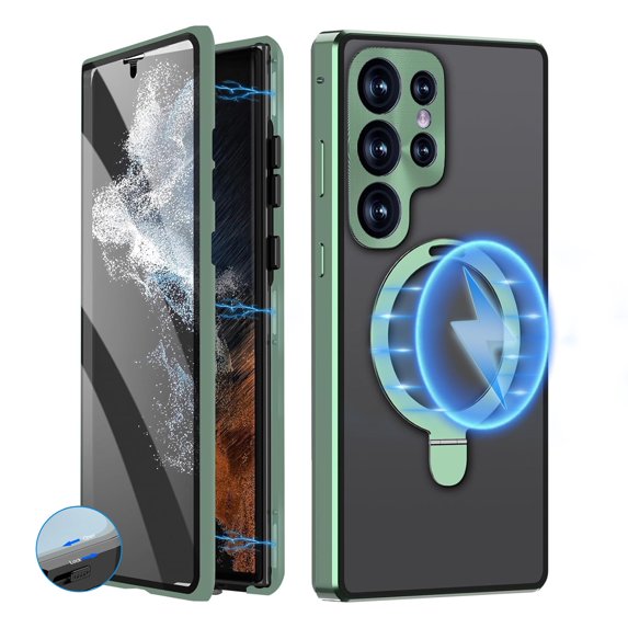 New for Samsung Galaxy S21 Ultra Case with Built-in Screen Protector, Magnetic Adsorption Metal Bumper with Safety Lock 360 Full Body Shockproof Mag Safe Stand Glass Cover,Silver