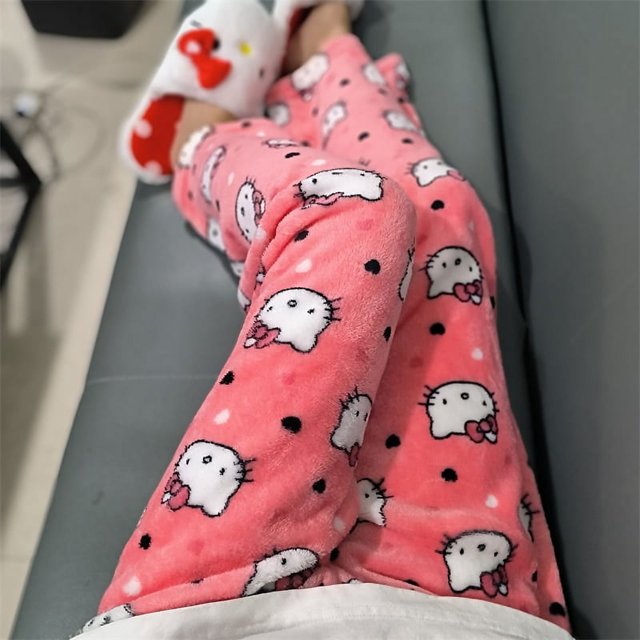 New Sanrio Anime Cartoon Hello Kitty Coral Fleece Pajama Pants Soft ...