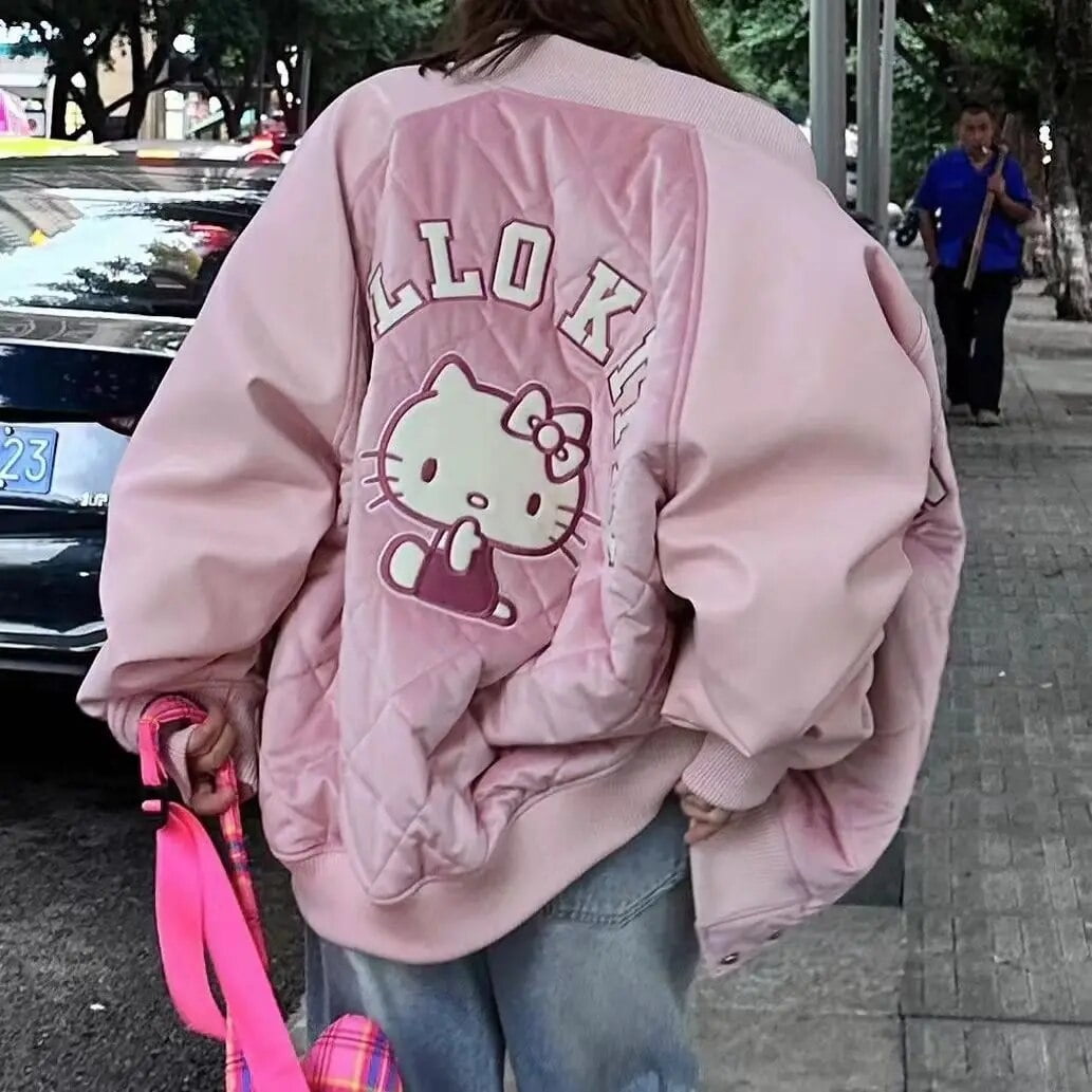 New Sanrio Coat Cartoon Hello Kitty Pink Jacket Coat Y2K Hip Hop Baseball Coat Women Oversize Embroidery Winter Warm Outerwear Walmart