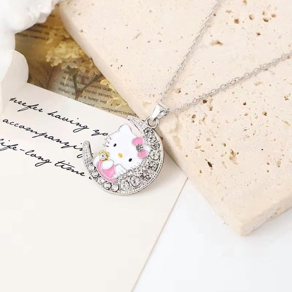 New Sanrio Hello Kitty Anime Alloy Cute Kawaii Creative Moon Style Kitten Necklace Cartoon Simple Pendant Holiday Gift