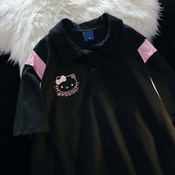 New Sanrio Hello Kitty Embroidered T-shirt Cute Short Sleeved Polo Shirt Summer Women Korean Fashion Loose Tees Y2k Clothes