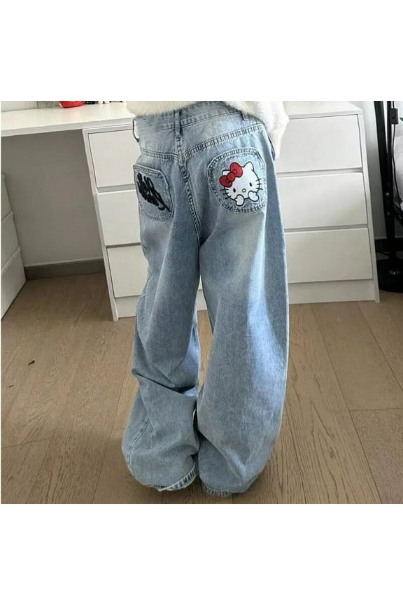 New Sanrio Hello Kitty Pants Women Blue Embroidery Baggy Jeans Y2k Design Wide Leg Denim Pant Winter High Waist Straight Clothes