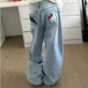 New Sanrio Hello Kitty Pants Women Blue Embroidery Baggy Jeans Y2k Design Wide Leg Denim Pant Winter High Waist Straight Clothes