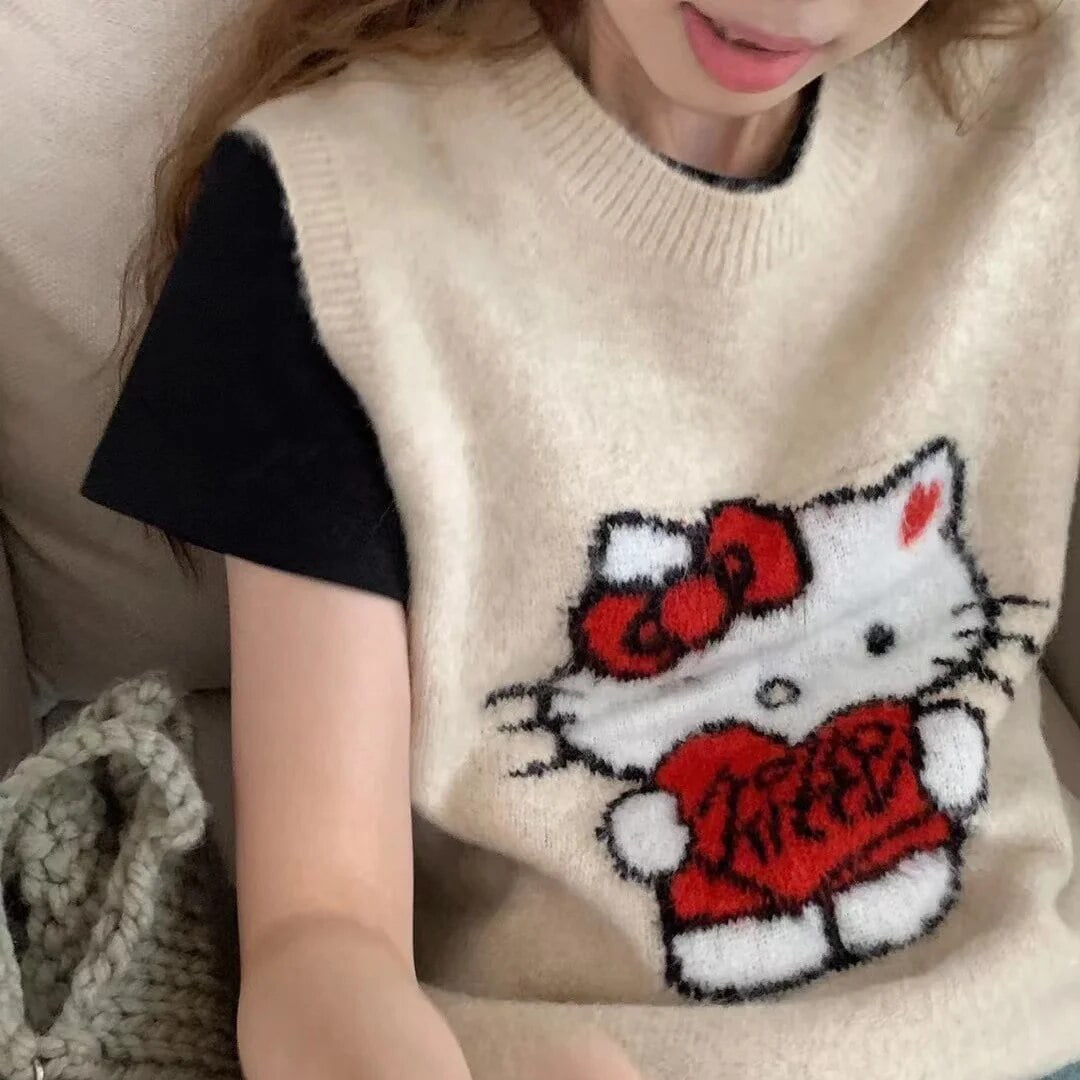 New Sanrio Hello Kitty Sweater Vest Anime Cartoon Women‘s Korean Style