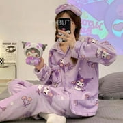 New Sanrio Kuromi Hello Kittty Pajama Sets Women Autumn Winter Warm Plush Long Sleeve Sleepwear Cute Cartoon Home Clothes Y2k