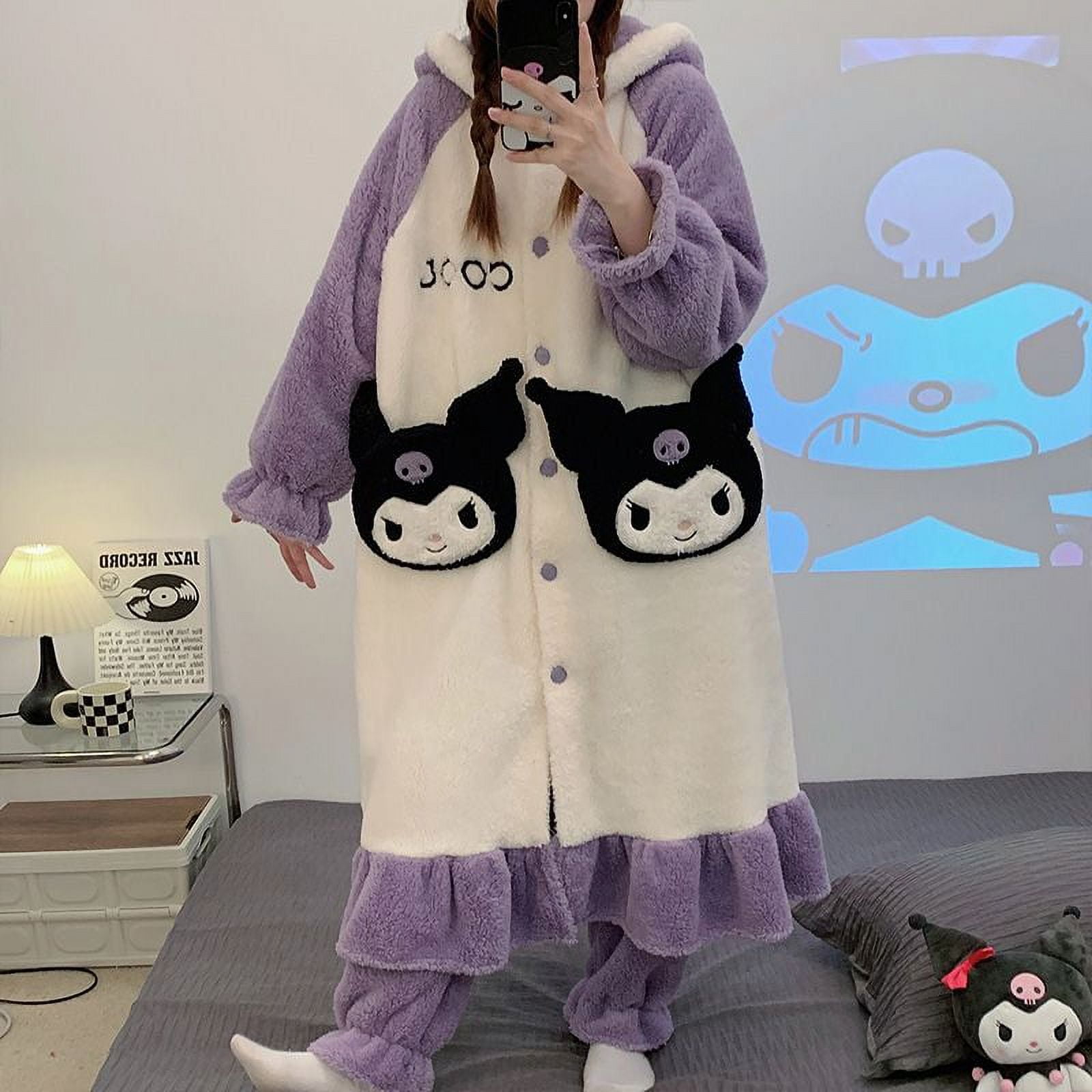 New Sanrio Kuromi Thickened Coral Velvet Pajamas Autumn and Winter Cute ...