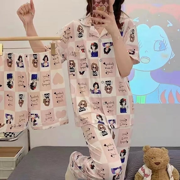 New Sanrio Pajamas Kuromi Pachacco Cinnamoroll Three-piece Set Short-sleeved Trousers Shorts Suit Spring And Autumn Home Clothes