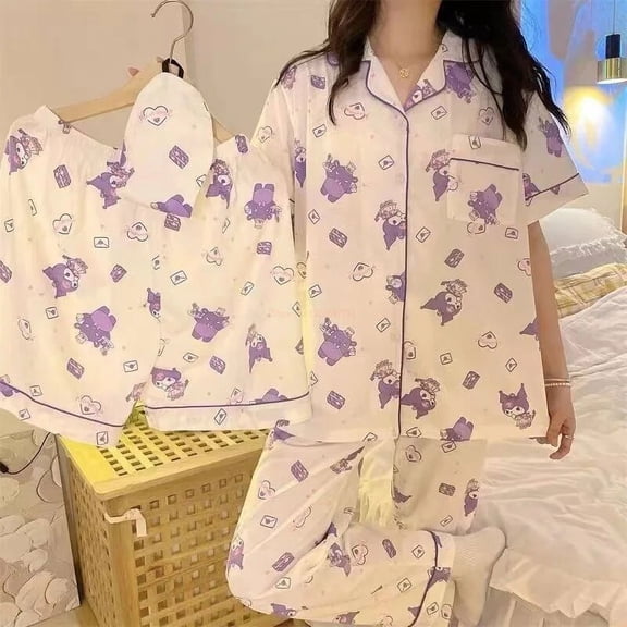 New Sanrio Pajamas Kuromi Pachacco Cinnamoroll Three-piece Set Short-sleeved Trousers Shorts Suit Spring And Autumn Home Clothes