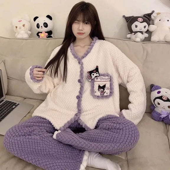 New Sanrio Sleepwear Kuromi Pajamas Women Autumn Winter Thick Kawaii Set Pj Pants Home Suit Lounge Wear Long Sleeve Y2k Clothes