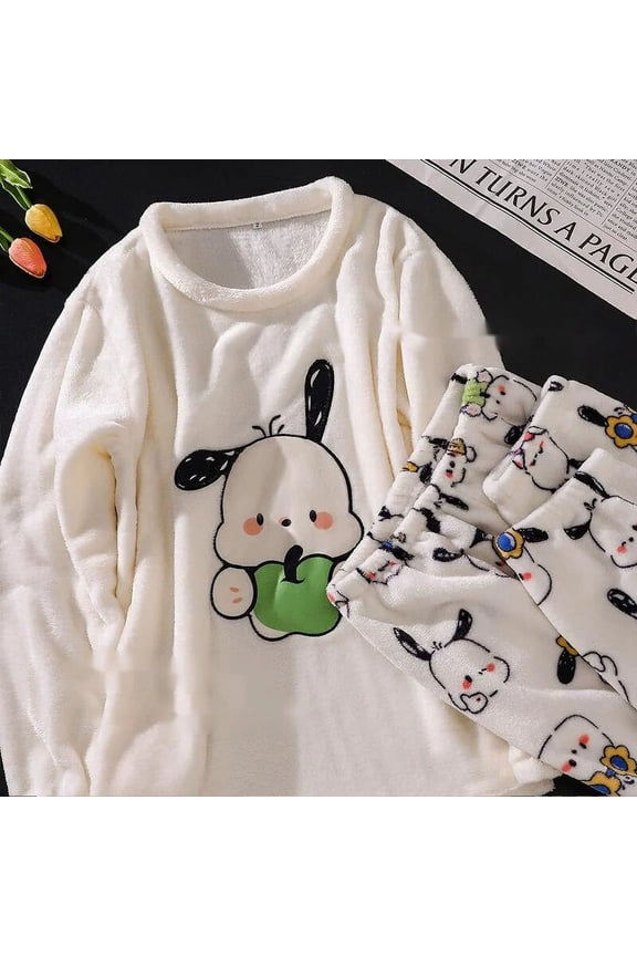 New Sanrio Sleepwear Pochacco Kawaii Pajamas Set Women Winter Cartoon Thicken Plush Fashion Style Cute Home Suit Sleeping Pants