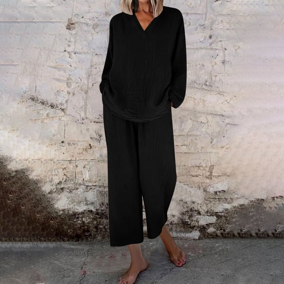 New !ChaoHeng Womens Pants Women's Casual V-neck Pullover Long Sleeved and Pocket Long Pants Cotton Set