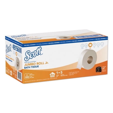 New Scott Essential 100% Recycled Fiber JRT Bathroom Tissue, Septic Safe, 2-Ply, White, 3.55" x 1,000 ft, 4 Rolls/Carton
