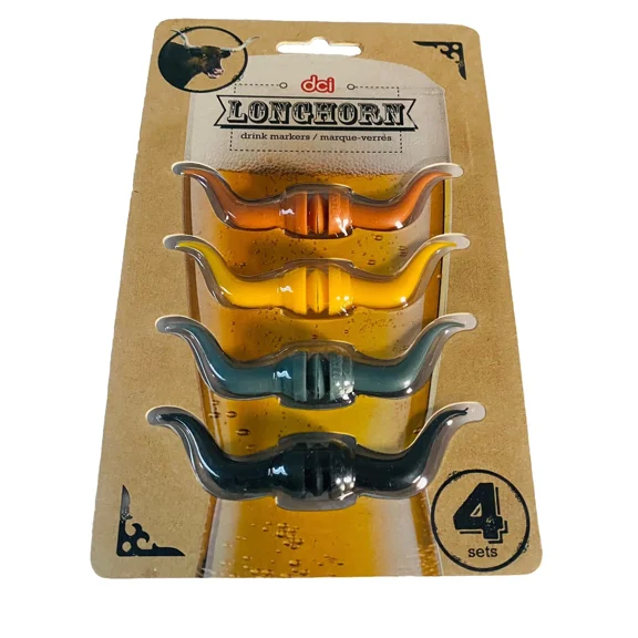 New Sealed Longhorn Drink Markers Beer Wine Party Cocktail Drink Texas 4Pc Set