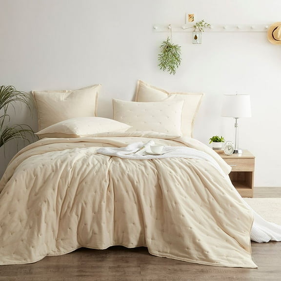 New Season Naturally Yours - 100% Cotton Quilt Set - 100% Lightweight Polyester Fill Reverse Solid Quilt Set - Leno Weaved Quilted with Cross Stitch Pattern