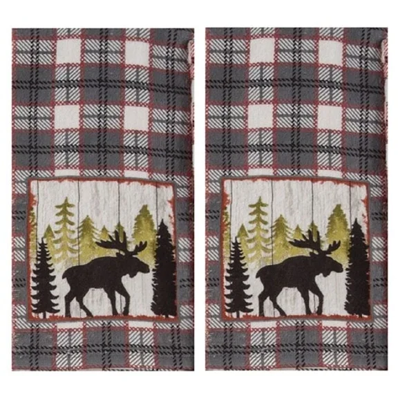 New Set Of 2 Red Gray Forest Moose Terry Kitchen Dish Towels, Lake Lodge Camping
