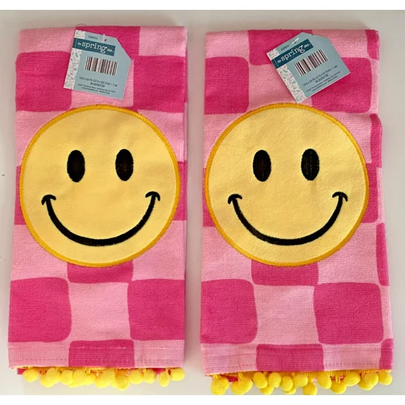 New Set Of 2 Smiley Face 14.9" X 24.7" Pink Yellow Kitchen Towel Lot Free Ship