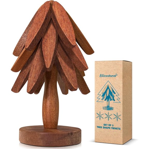New Set of 3 Kitchen Table Decor Foldable Wooden Trivets for Hot Pots and Pans,Tree Shape Trivets