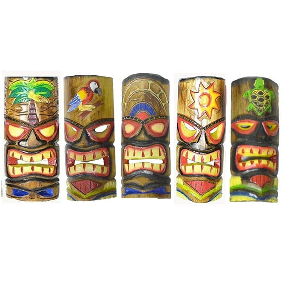 New Set of 5 Hand Carved Polynesian Hawaiian Tiki Style Masks 12" Tall Turtle Flower Parrot Palm Sun