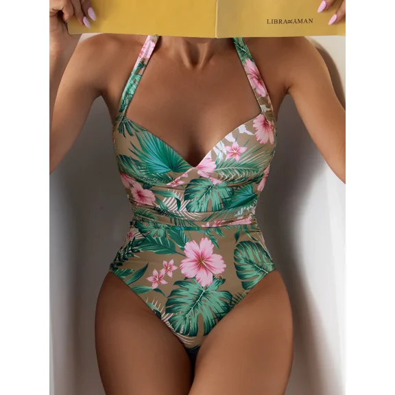 New New Sexy Halter Push Up Swimwear Women One Piece Swimsuit Female Leaf Printed Bathing Suit Beachwear Swimming Suit