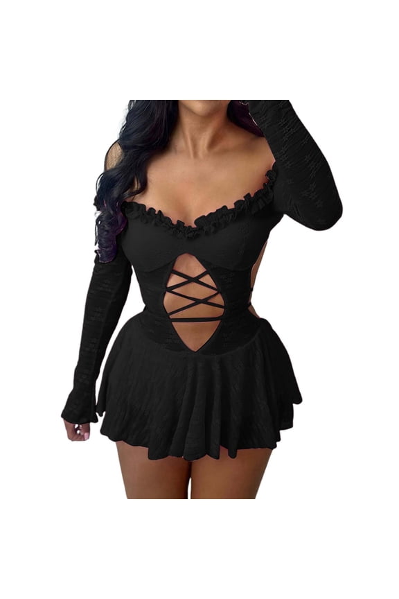 New Sexy Hot Girl One Shoulder Hollow Lace Up High Waist Slim Fit Jumpsuit