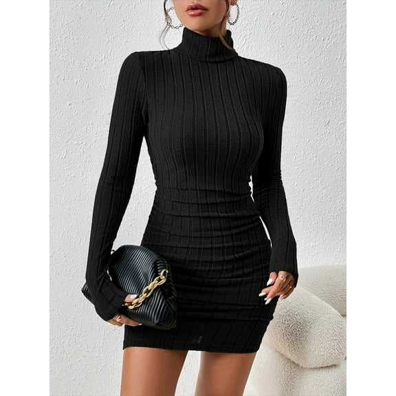 New Sexy Mini Dress For Women Autumn Black Solid Turtleneck Long Sleeves Sheath Dress Club Elegant Bodycon Party Dresses Female