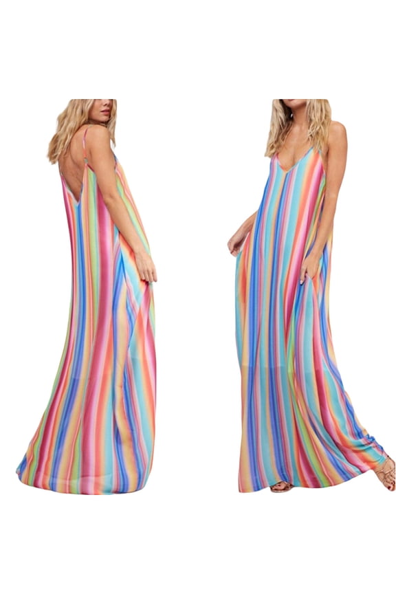 New Sexy Multicolored Boho Chic Maxi Dress With Pockets