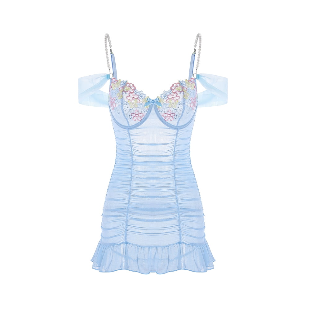 See-through Mesh Sexy High-slit Chemise Long Nightgown Set