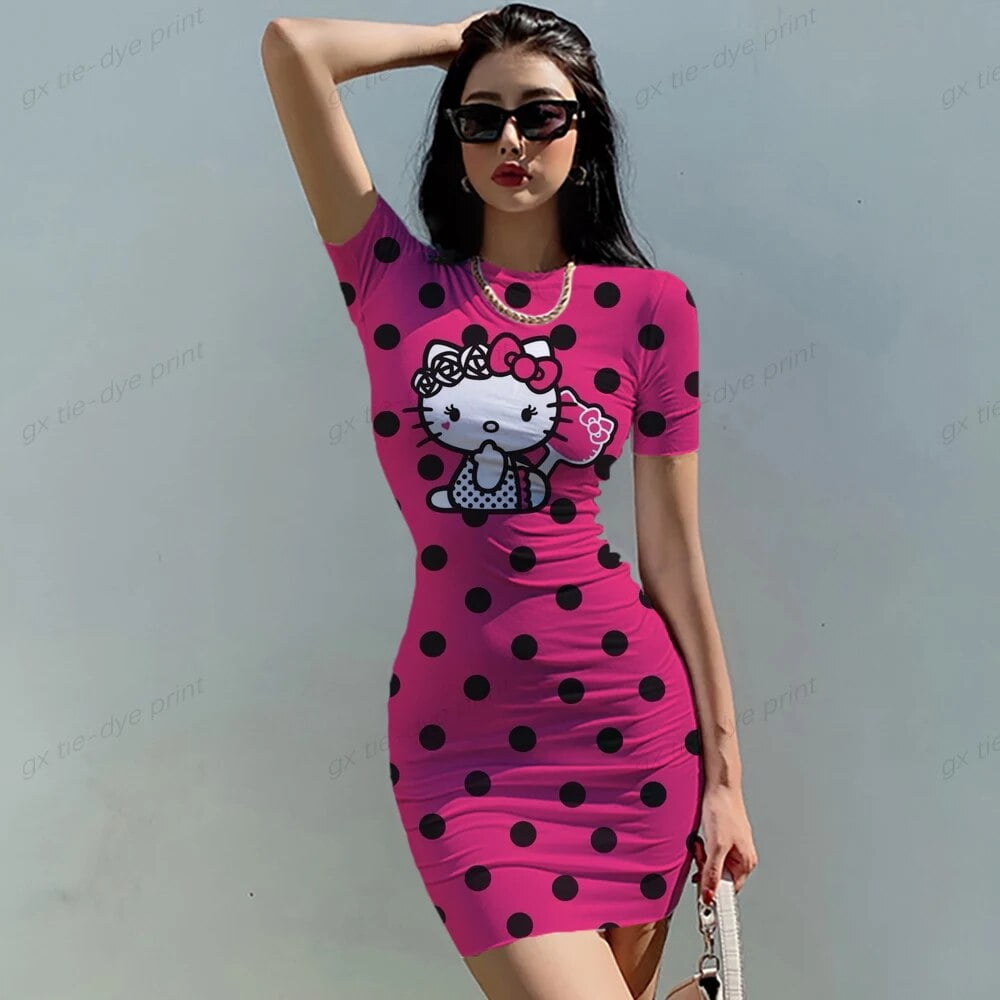 New Sexy Women Red And Pink Hello Kitty Print Short Sleeve