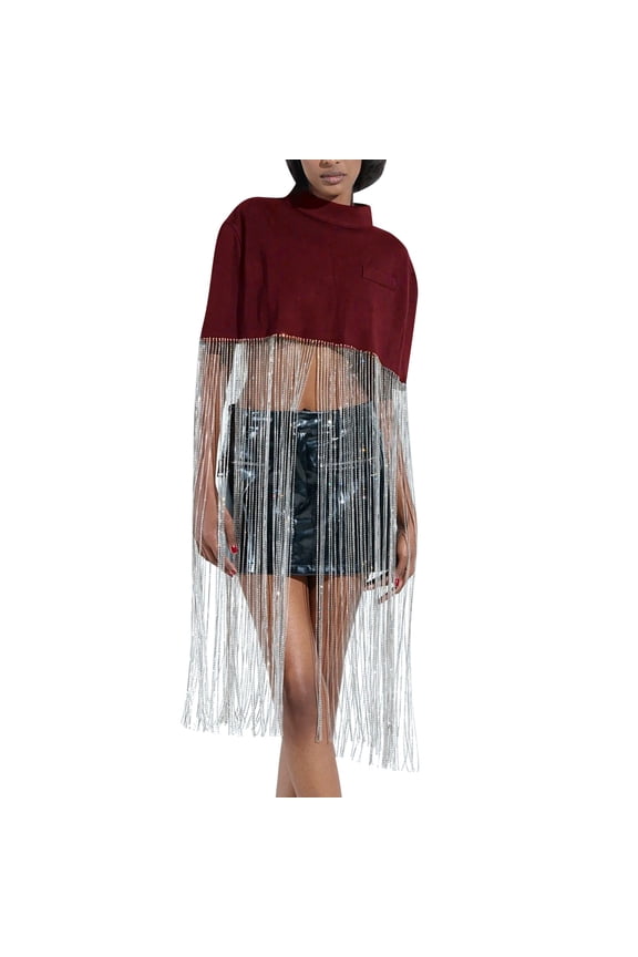 New Shiny Tassel Stand Neck Crop Cape Blouse Women Fashion Chic Cape Silhouette Blouse