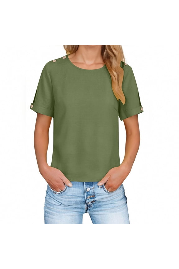 New Shirts for Womens Summer Fashion Oversize Solid Color Long-sleeved Round Neck Button Cuff Open Pullover T-shirt