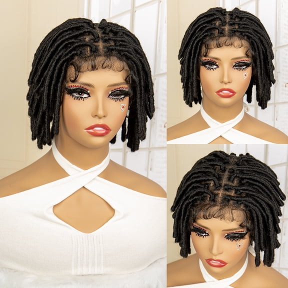 New Short Dreadlock Faux Locs Wig Full Lace Knotless Braided Wig with Baby Hair for Women 6 Inches Lace Frontal Black Color Bob Braids Wig Daily Use