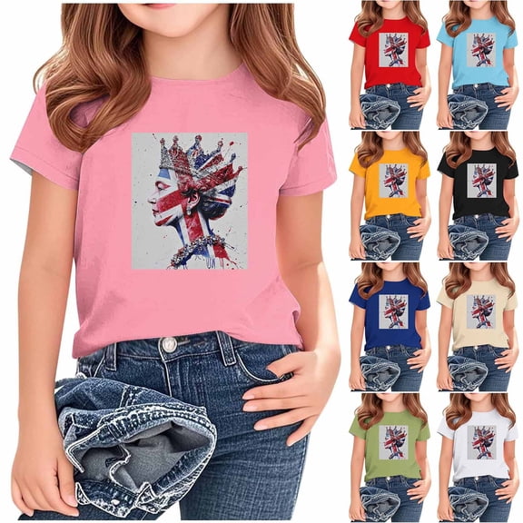 New Short Sleeve Shirts for Girls Children's British Flag Printed Casual Loose Tops Medium to Large Round Neck Short Sleeved Shirt T Shirts for Boys