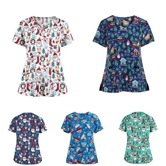 New Short Sleeve Women Casual Wear Work Uniform Christmas Blouse V Neck Animal Print GREEN M