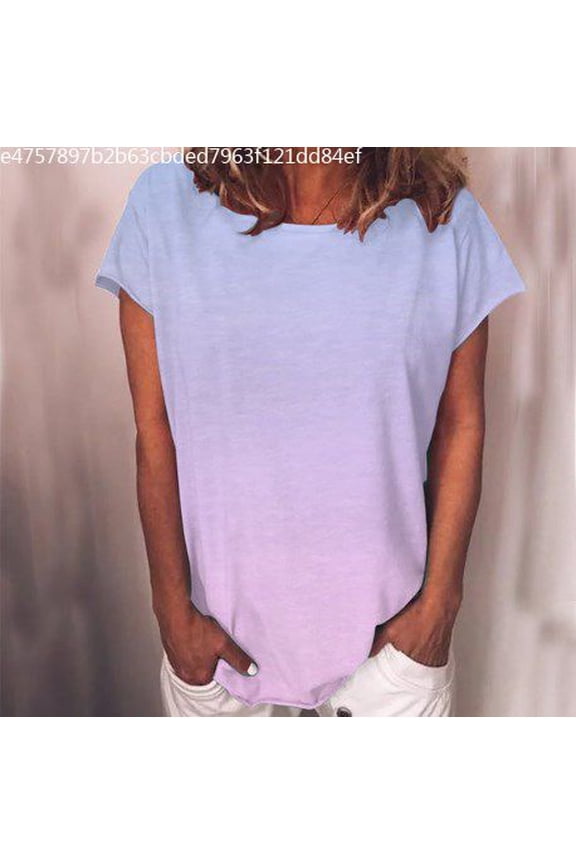 New Short Sleeve with Round Neck Design Rainbow Gradient Print Solid Color T-Shirt Short Sleeve