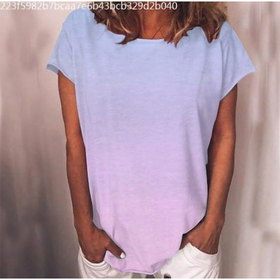 QLEICOM Women's Tee Shirts, Gradient Color Print Short Sleeve Crew Neck Tee Casual Loose Fit Summer Shirt Tops, Plus Size Gradient Loose Tops, Tees & Blouses for Women S-5XL