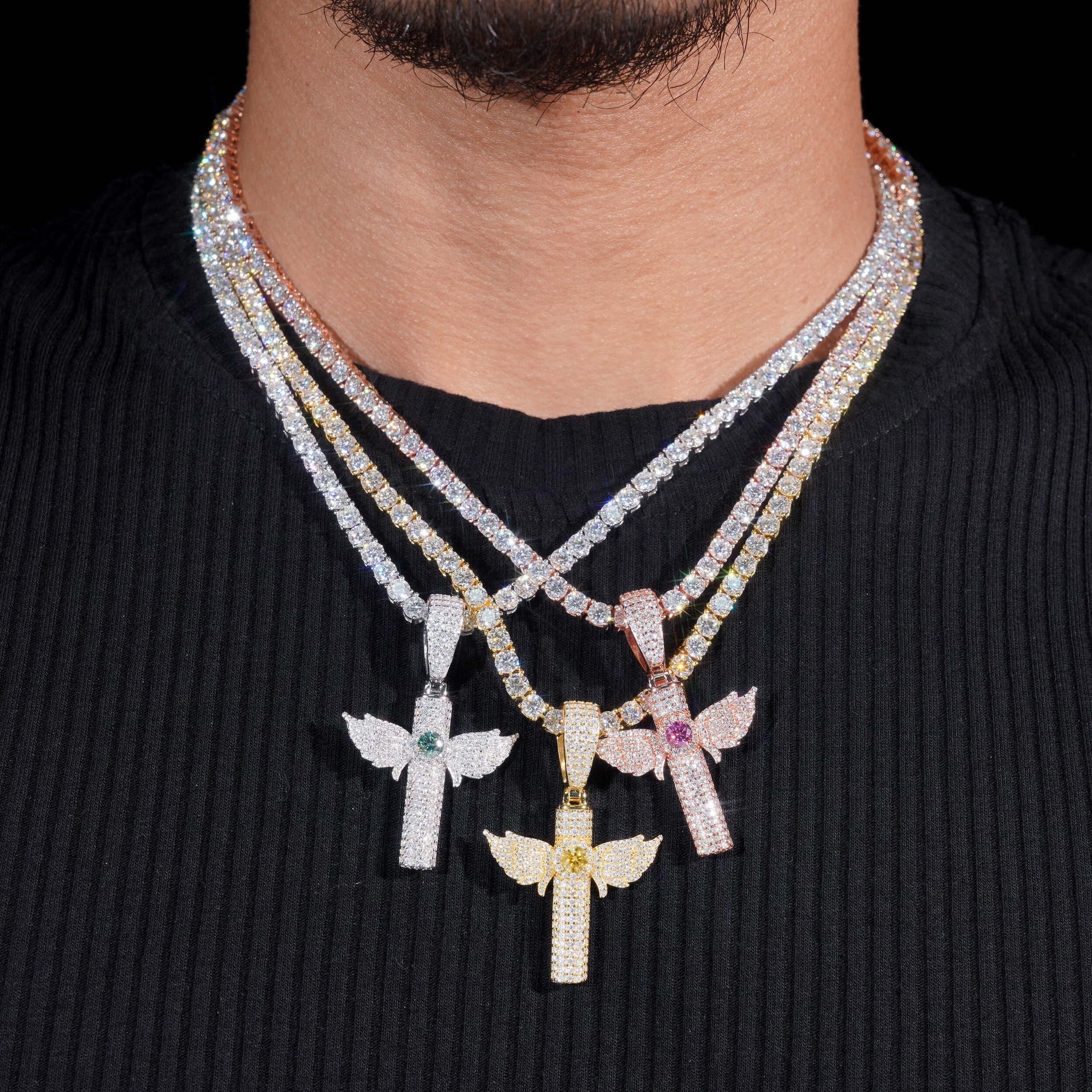 New Silver Inlaid Colorful Moissanite Cross Hip-Hop Pendant