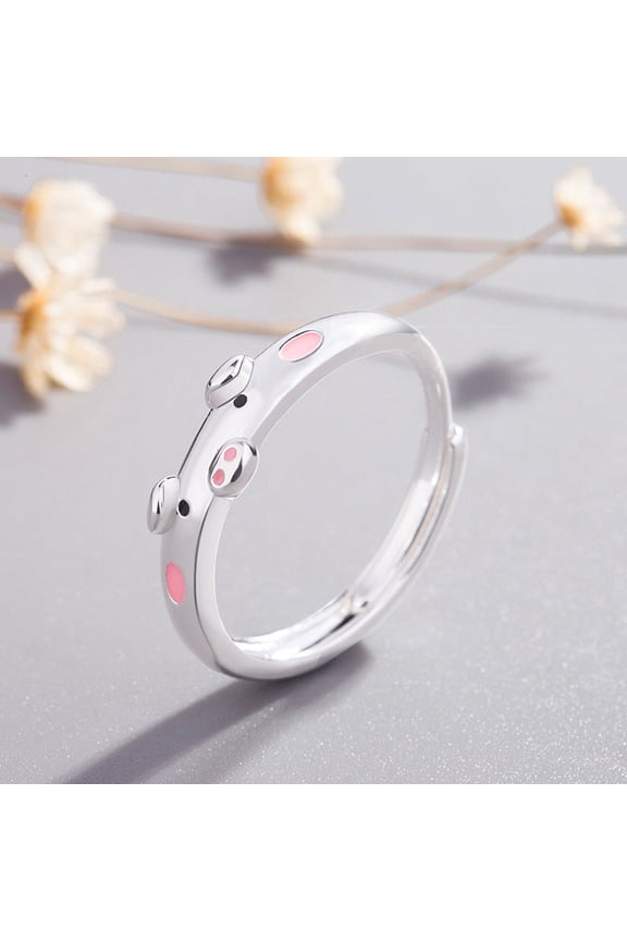 Unisex Adjustable Opening Ring Cute Pig Animal Ornament Silver Plated Copper Ring Epoxy Decoration Pink or Red Decoration Gift