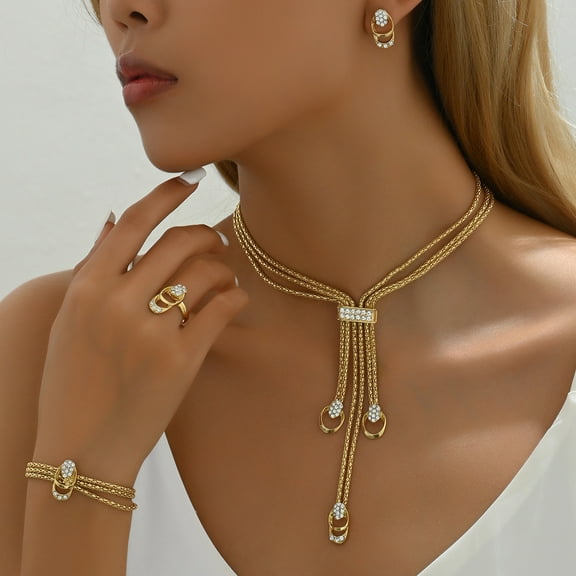 New Simple Fresh Necklace Earring Set Inlaid with Diamonds Niche Design Collarbone Chain Versatile Index Finger Ring Earrings Necklace Jewelry Set Fresh Sweet - Valentine's Day Mother's Day Gift