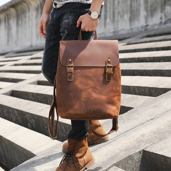 New Simple Retro First Layer Cowhide Backpack,Brown