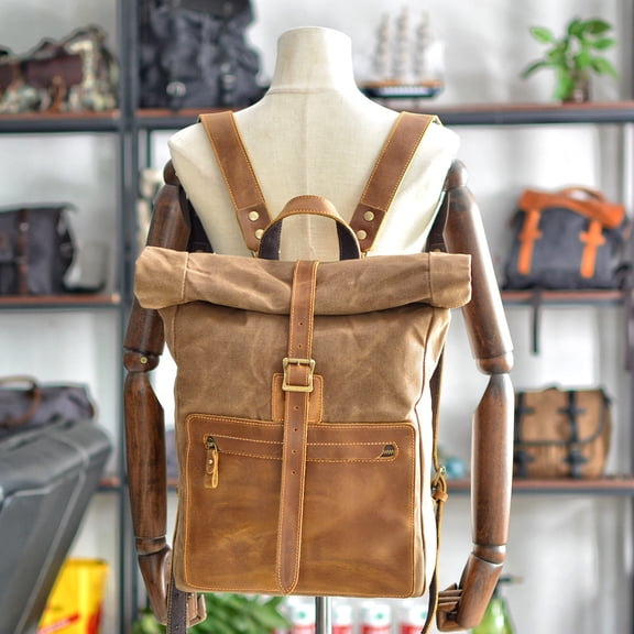 New Simple Retro Wax Canvas Backpack Men's Casual Leather,Black