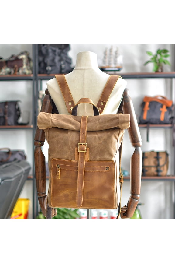 New Simple Retro Wax Canvas Backpack Men's Casual Leather,Khaki