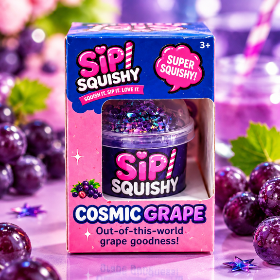 New ! Sip Squishy Cosmic Grape Squishy, Glitter Squeeze Fidget Sensory Toy, Soft Stress Relief Decompression Toy, Cute Collectible Novelty Surprise Gift for Party Favors, Birthday and Holiday Decor