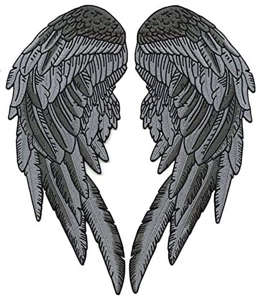 New Size Angel Wing Patches | Embroidered Iron On | Large 2pc. Set - by Nixon Thread Co. (12") (Black/Gray)