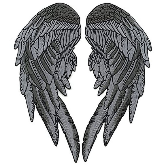 New Size Angel Wing Patches | Embroidered Iron On | Large 2pc. Set - by Nixon Thread Co. (12") (Black/Gray)