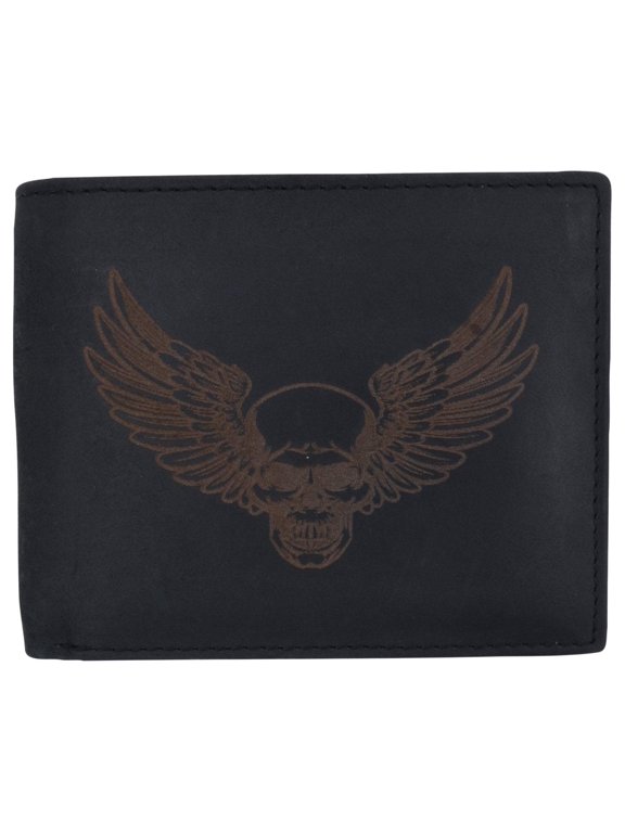 New Skull & Wings Printed Logo Mens RFID Bifold Genuine Leather Wallet