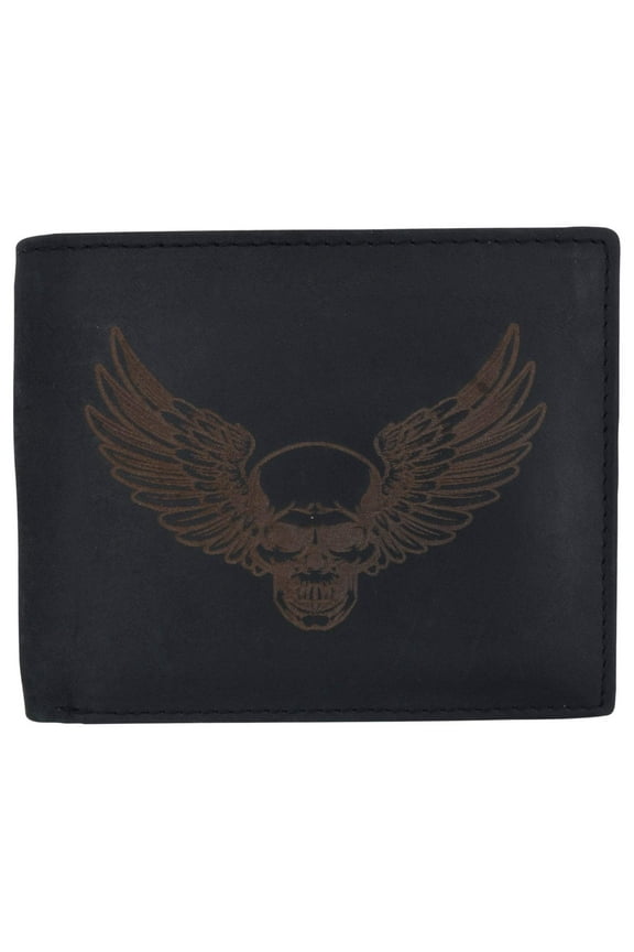 New Skull & Wings Printed Logo Mens RFID Bifold Genuine Leather Wallet
