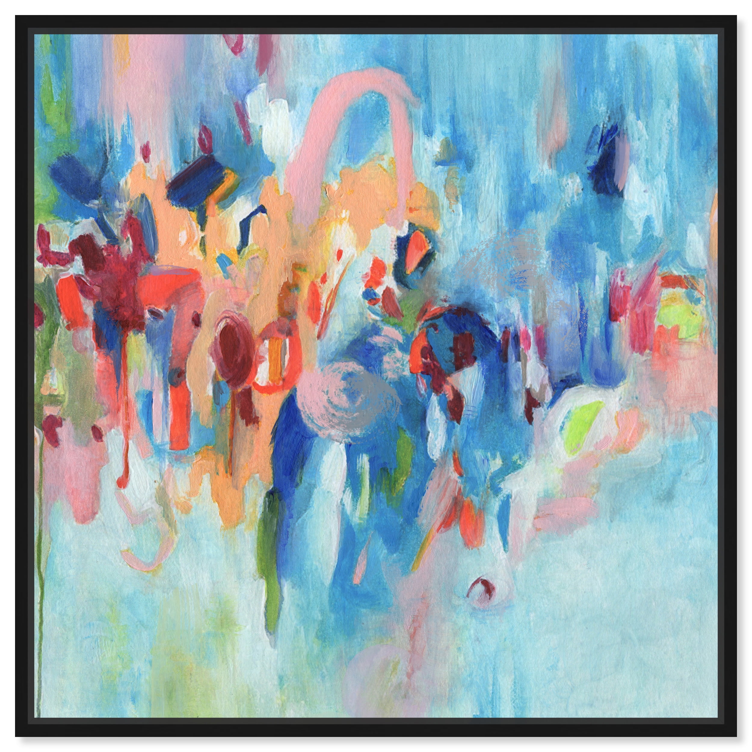 13" x 13" Blue and Multicolor Abstract Canvas Print with Black Frame