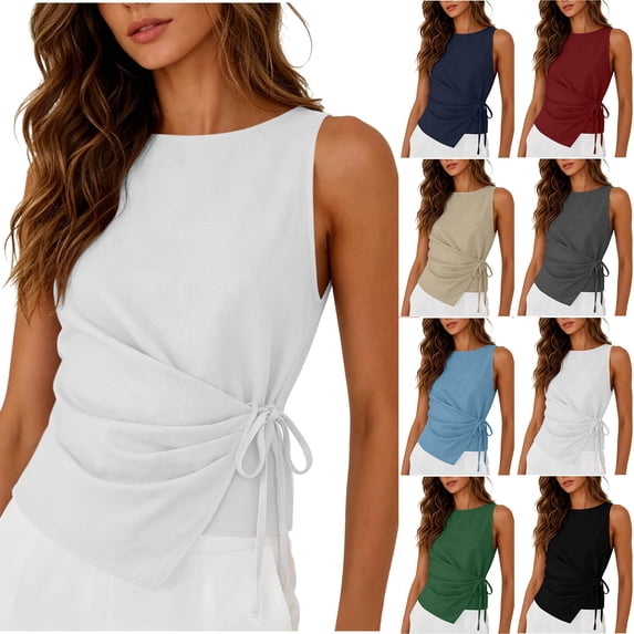 New Sleeveless Tops for Women Round Neck Tie Front Linen Tank Tops Fashion Versatile Summer Vacation Tanks White XL