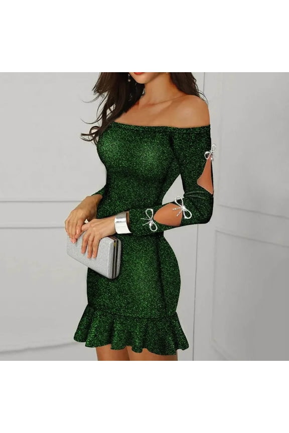 New Slim Fit Skirt Long Sleeve One Shoulder Sexy Dress Skirt Women Short Wedding Guest Dresses for Women Women Dresses Wedding Petite plus Size Dresses Winding Dress for Women off The Shoulder Formal
