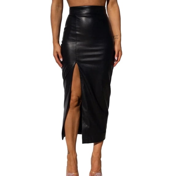 New Slim Straight Skirt for Women Spring and Autumn Hip-covering Long PU Chic Slit Design Fashionable Solid Color-Black-L